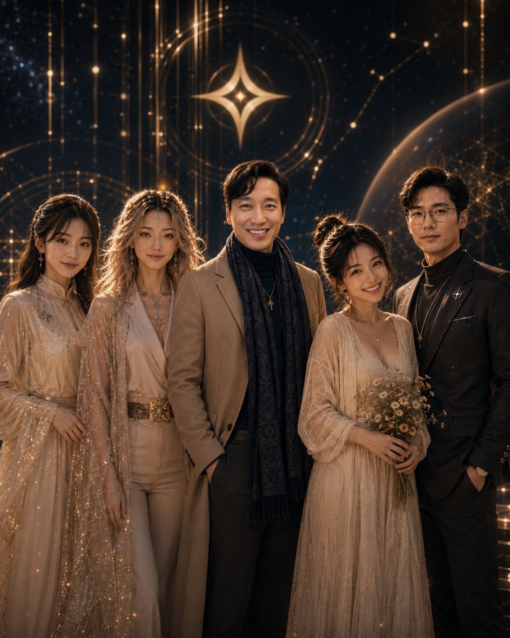 STARON의 창립 다섯 구성원 — Jenny, AURA, Changwoo, RIA, Arnold. Changwoo가 가운데 서 있는 단체 초상.